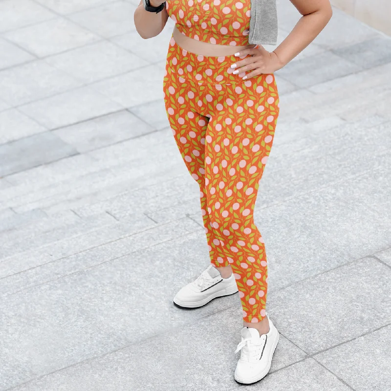 UPF Sun Protective Plus Size Active Yoga Leggings, Mod Orange Fruit Trendy Adjustable Waist Leggings UPF Sun Protective Plus Size Active Yoga Leggings, Mod Orange Fruit Trendy Adjustable Waist Leggings