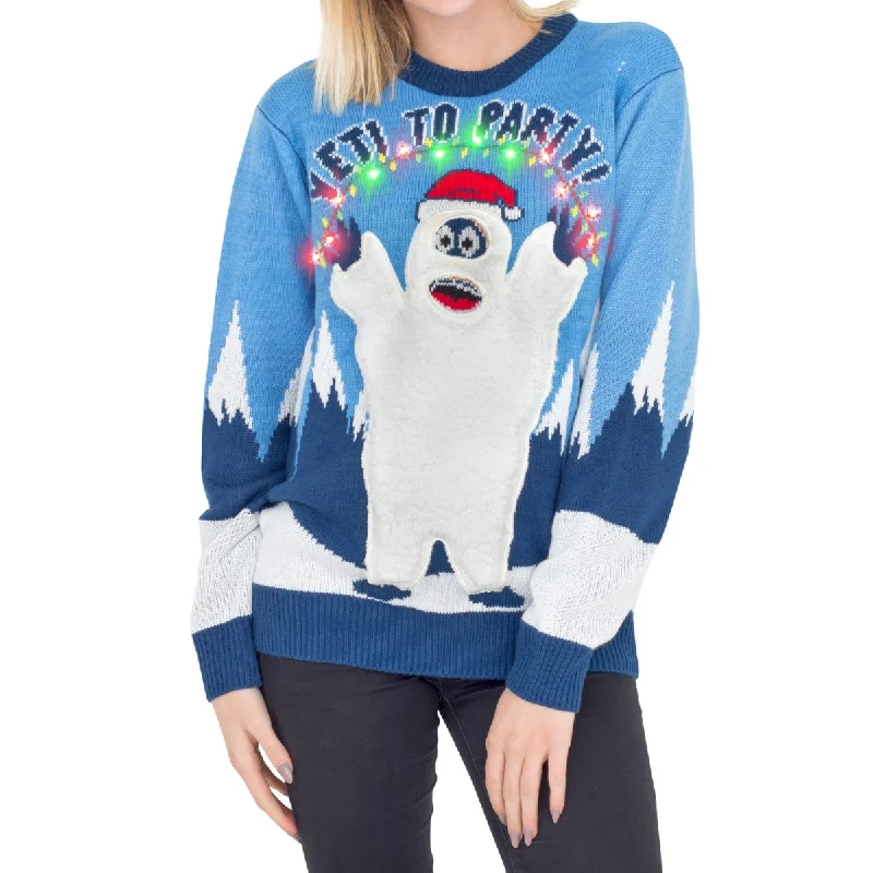 Women's Yeti to Party Light up LED Ugly Christmas Sweater Herringbone Houndstooth Plaid Women's Yeti to Party Light up LED Ugly Christmas Sweater Herringbone Houndstooth Plaid