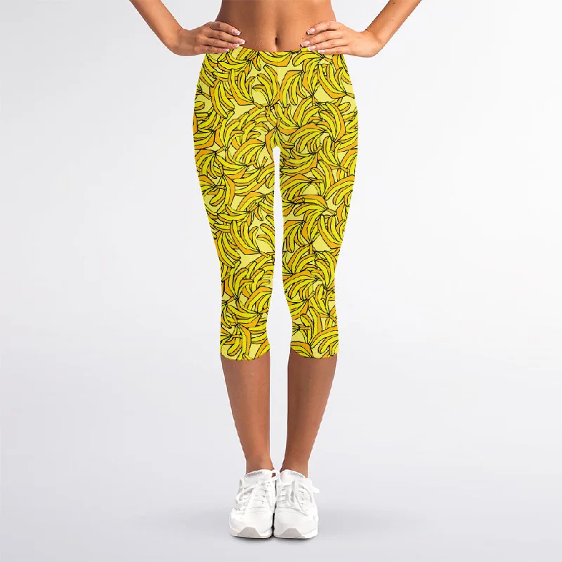 Yellow Geometric Banana Pattern Print Women's Capri Leggings Trendy Seamless Fit Leggings Yellow Geometric Banana Pattern Print Women's Capri Leggings Trendy Seamless Fit Leggings