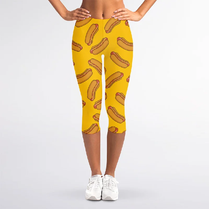 Yellow Hot Dog Pattern Print Women's Capri Leggings Stylish Printed Stretch Leggings Yellow Hot Dog Pattern Print Women's Capri Leggings Stylish Printed Stretch Leggings
