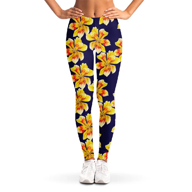 Yellow Watercolor Lily Pattern Print Women's Leggings Fashionable Leather-Look Leggings Yellow Watercolor Lily Pattern Print Women's Leggings Fashionable Leather-Look Leggings