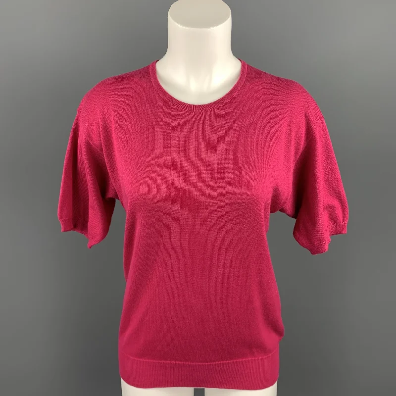 YVES SAINT LAURENT Rive Gauche Size M Fuchsia Cotton Short Sleeve Sweater