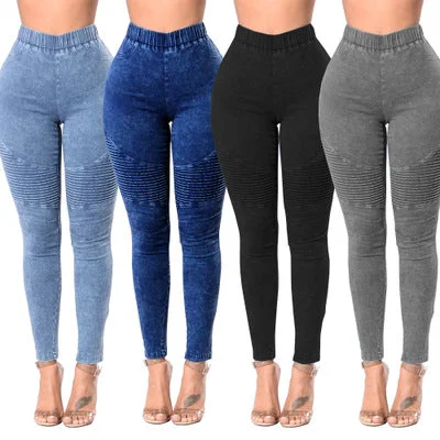 Autumn Winter Fitness Skinny Denim Jeans Women Casual Pencil Pants Pleated Stretch Elastic Waist Jean Bodycon Trousers S-XXL