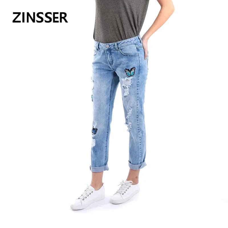 Autumn Winter Women Denim regular Pants Stretch Destroyed Medium Waist Acid Snow Blue Slim Elastic Ripped Lady Jeans, Patches