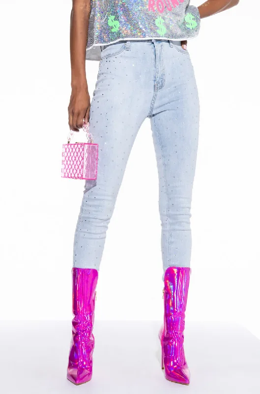 EXTREME STRETCH HIGH WAISTED SKINNY JEANS WITH RHINESTONES