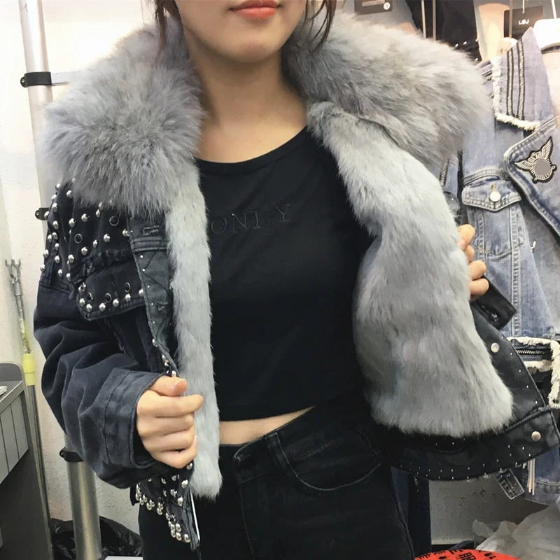 fox fur rivet cropped denim jacket korean jeans jacket women fashion jackets 2019 new winter thick loose veste femme