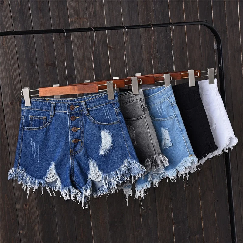 High Waist Hole Summer Casual Short Jeans Button Tassel Mini Sexy Women Shorts Solid Plus Size Slim Wild Ladies Denim Shorts New