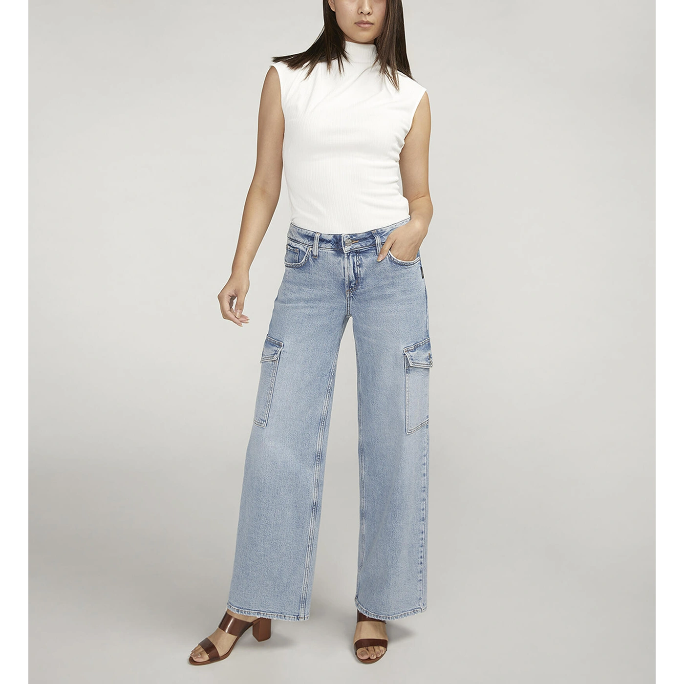 Light Blue Mid Rise Wide Leg Cargo Jeans