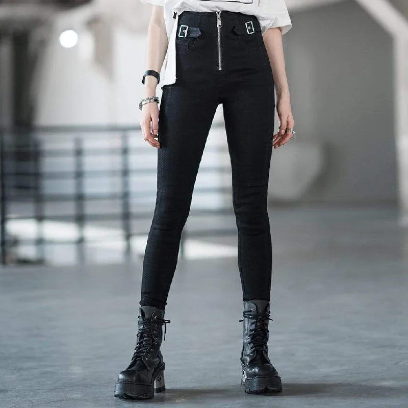 Women's Grunge Front Zip Black Skinny Jeans