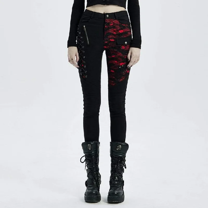 Women's Punk Strappy Mesh Splice Skinny Jeans Red