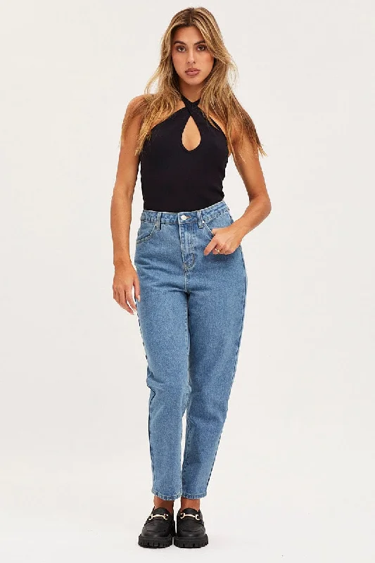 Blue Mom Jeans High Rise Trendy Low-Rise Slim Jeans