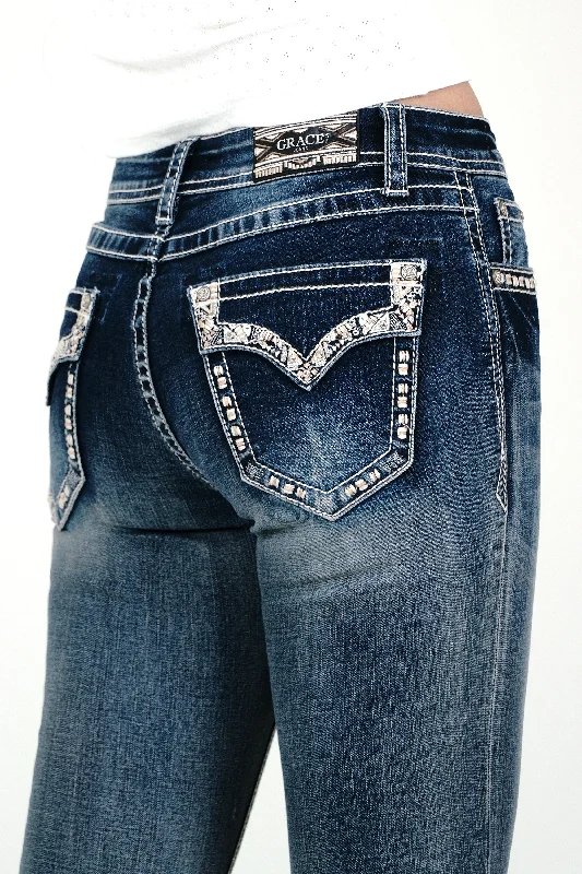 Border Stitches Faux Flap Mid Rise  Bootcut Jeans Comfortable Low-Rise Jeans