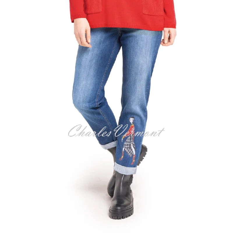 Doris Streich Jeans With Comic Motif Detail - Style 842195-56 Stylish High-Waist Skinny Denim Doris Streich Jeans With Comic Motif Detail - Style 842195-56 Stylish High-Waist Skinny Denim
