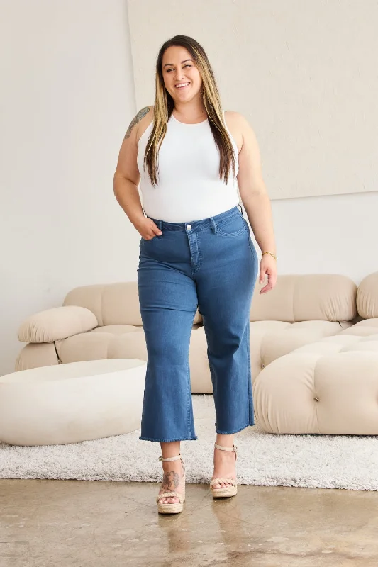 Tummy Control High Waist Raw Hem Jeans in Blue Slate Elegant Skinny Leg Jeans