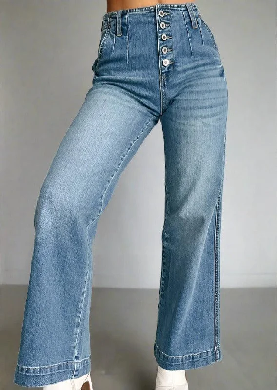Button Up Straight Jeans with Pockets Stylish High-Rise Mom Jeans