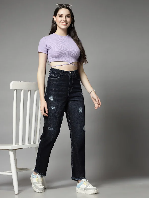Straight Fit Dark Indigo Cotton Denim Distressed Jeans For Women Comfortable Flare Leg Jeans Straight Fit Dark Indigo Cotton Denim Distressed Jeans For Women Comfortable Flare Leg Jeans