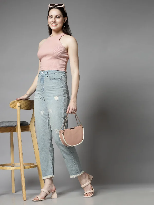 Straight Fit Light Indigo Cotton Denim Distressed Jeans For Women Trendy Wide-Legged High-Waist Jeans Straight Fit Light Indigo Cotton Denim Distressed Jeans For Women Trendy Wide-Legged High-Waist Jeans
