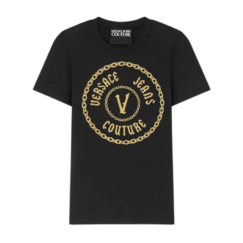 Versace Jeans Couture Chain V-Emblem Black & Gold T-Shirt Trendy Colored Denim Jeans Versace Jeans Couture Chain V-Emblem Black & Gold T-Shirt Trendy Colored Denim Jeans